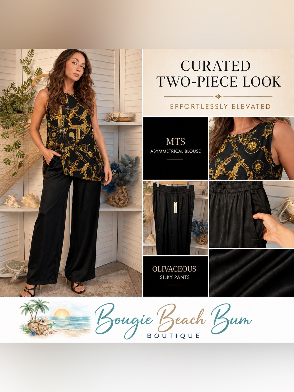 Two-Piece Black & Gold Asymmetrical Blouse with Olivasceous Silky Pants